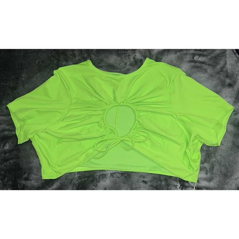 2XS SKIMS Swim Ruched T-Shirt Onyx Adjustable Tie Neon Green